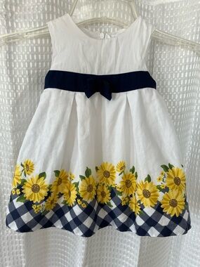 Mayoral Baby Girl Dress 12M Sunflower White Navy Bow Lined Cotton